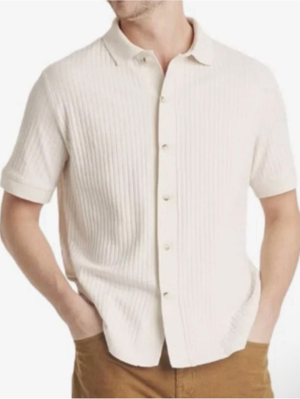 Men's Cream Short-Sleeve Button-Up Knit Shirt, XL